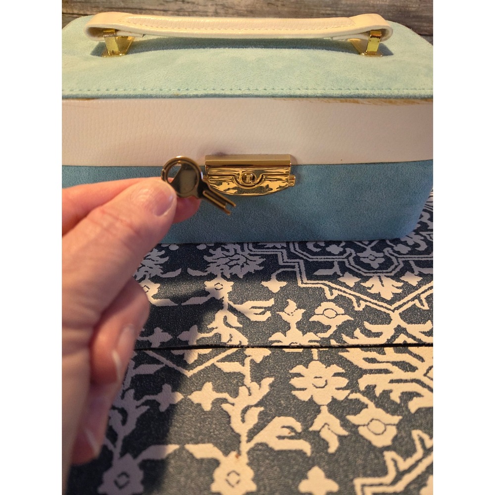 Jewelry Box Organizer Storage Case Teal Suede Faux Leather Mirror Handle Lock - Picture 10 of 12